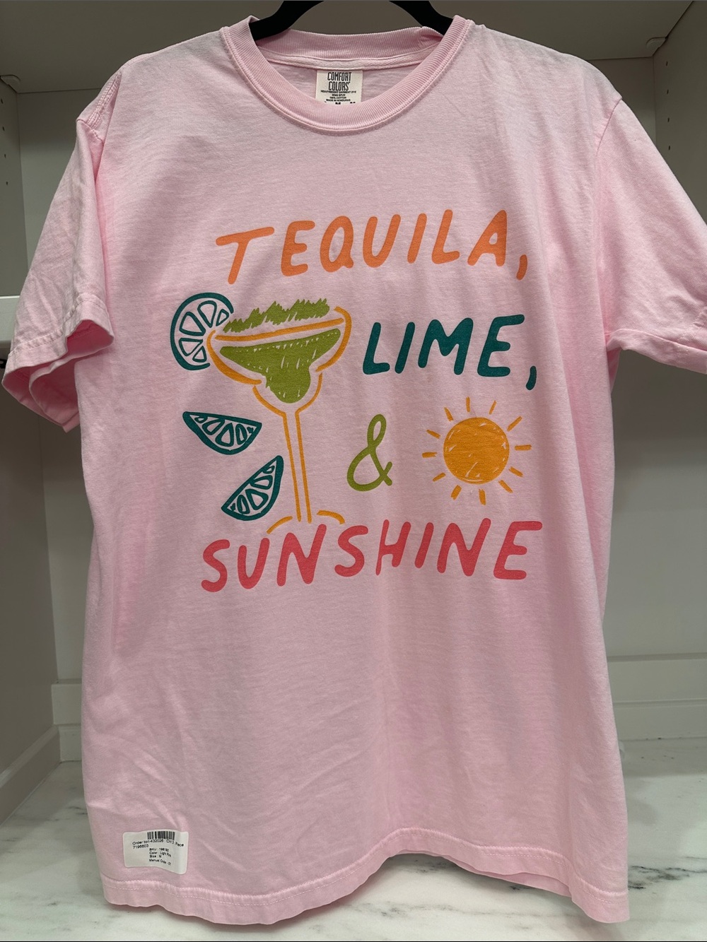 Comfort Colors medium pink short sleeve tee skirt.  Tequila, Lime and Sunshine.